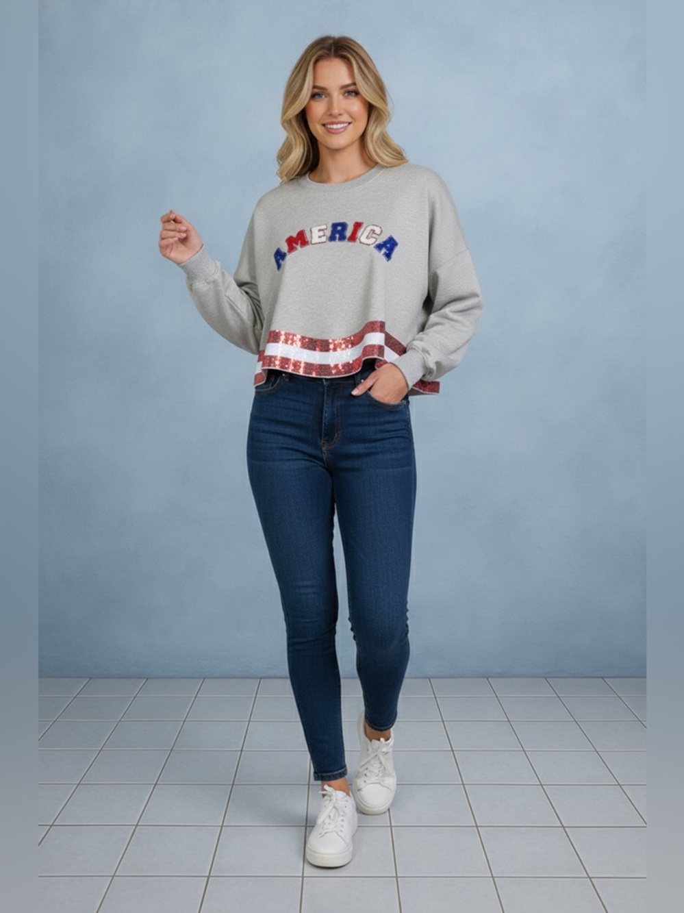 THE AMERICANA CREW LONG SLEEVE SEQUIN CROP PULLOVER SWEATER
Gray